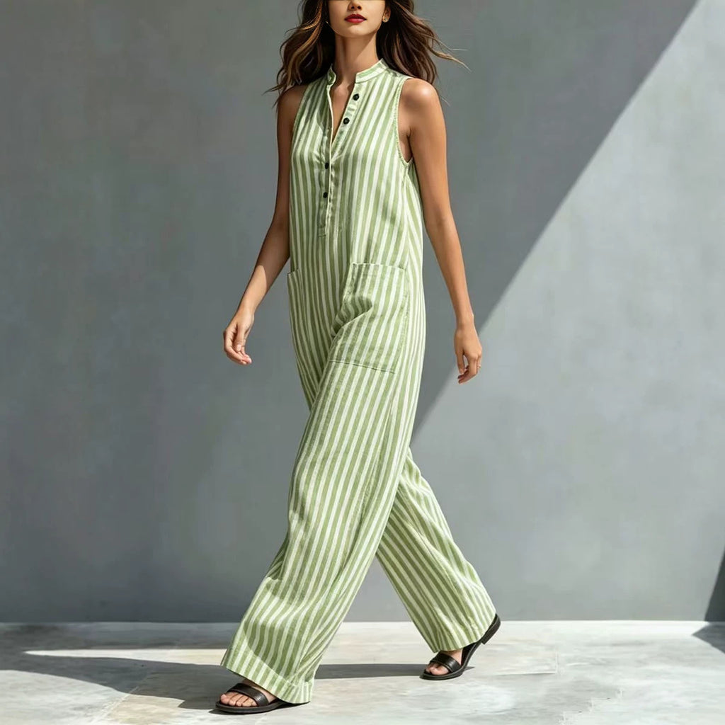 Fashionable Loose V-Neck Long Striped Jumpsuit