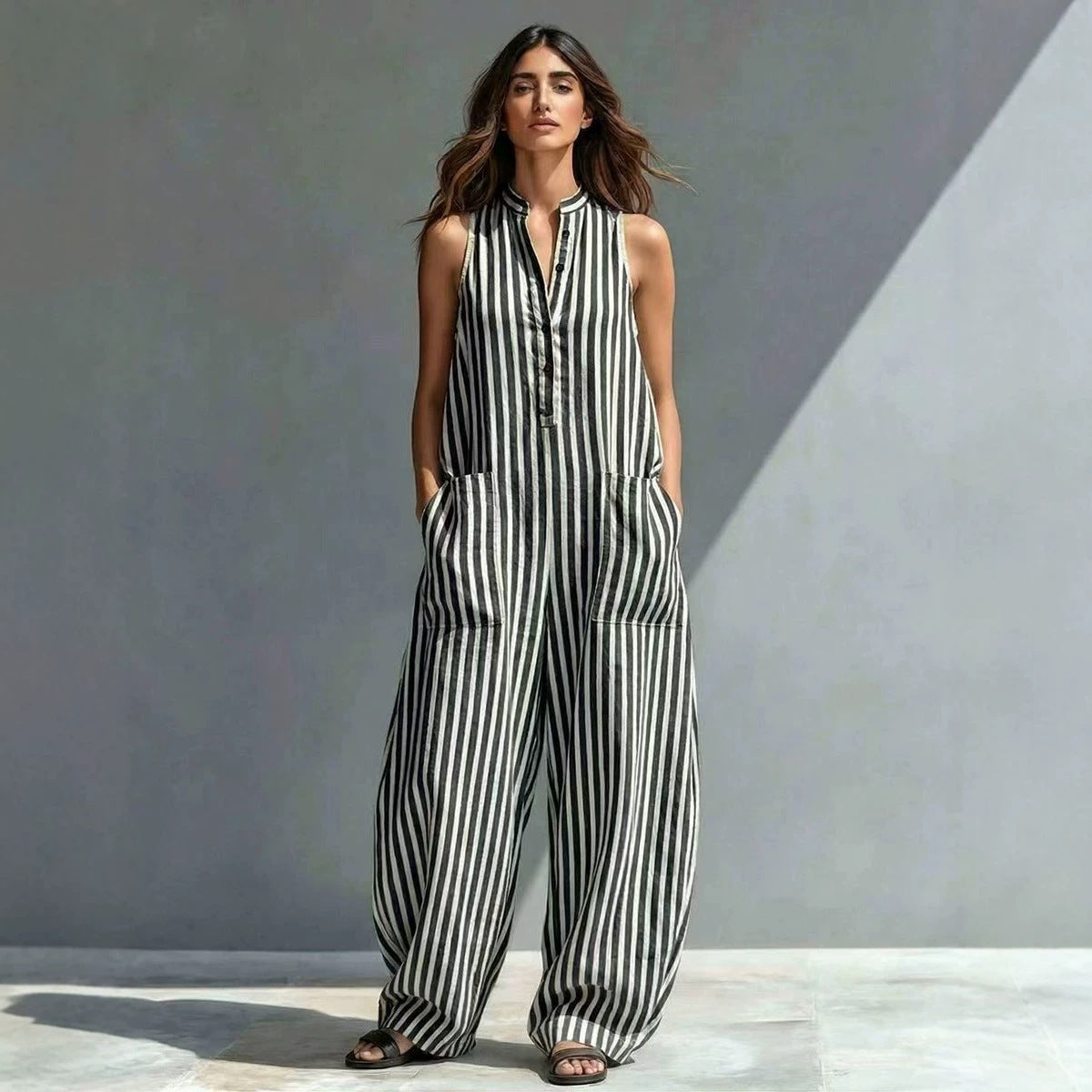 Fashionable Loose V-Neck Long Striped Jumpsuit